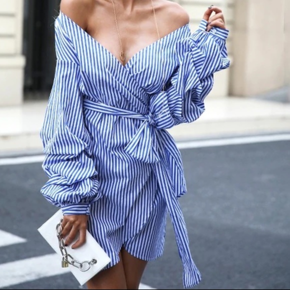 Dresses & Skirts - Blue & White stripe wrap dress